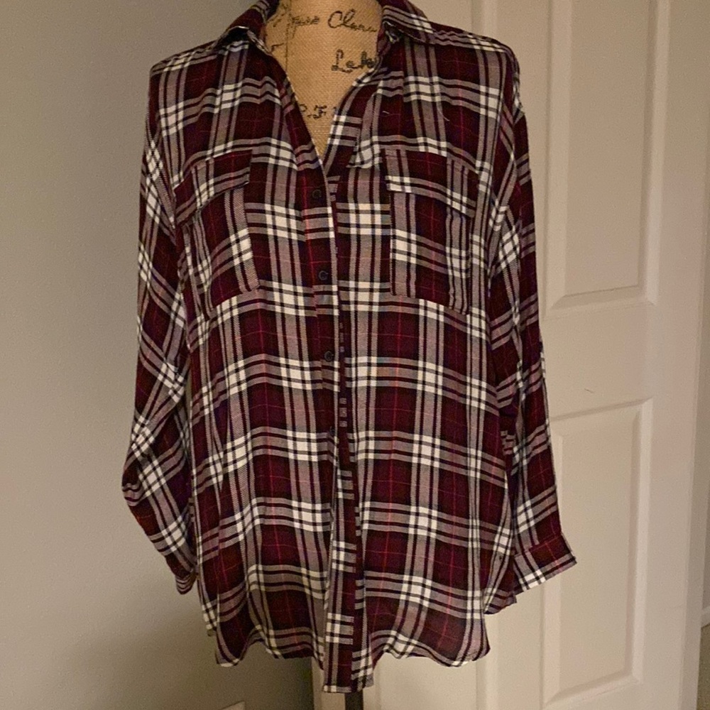 Chocolate burgundy/black/white plaid top.  Size small.